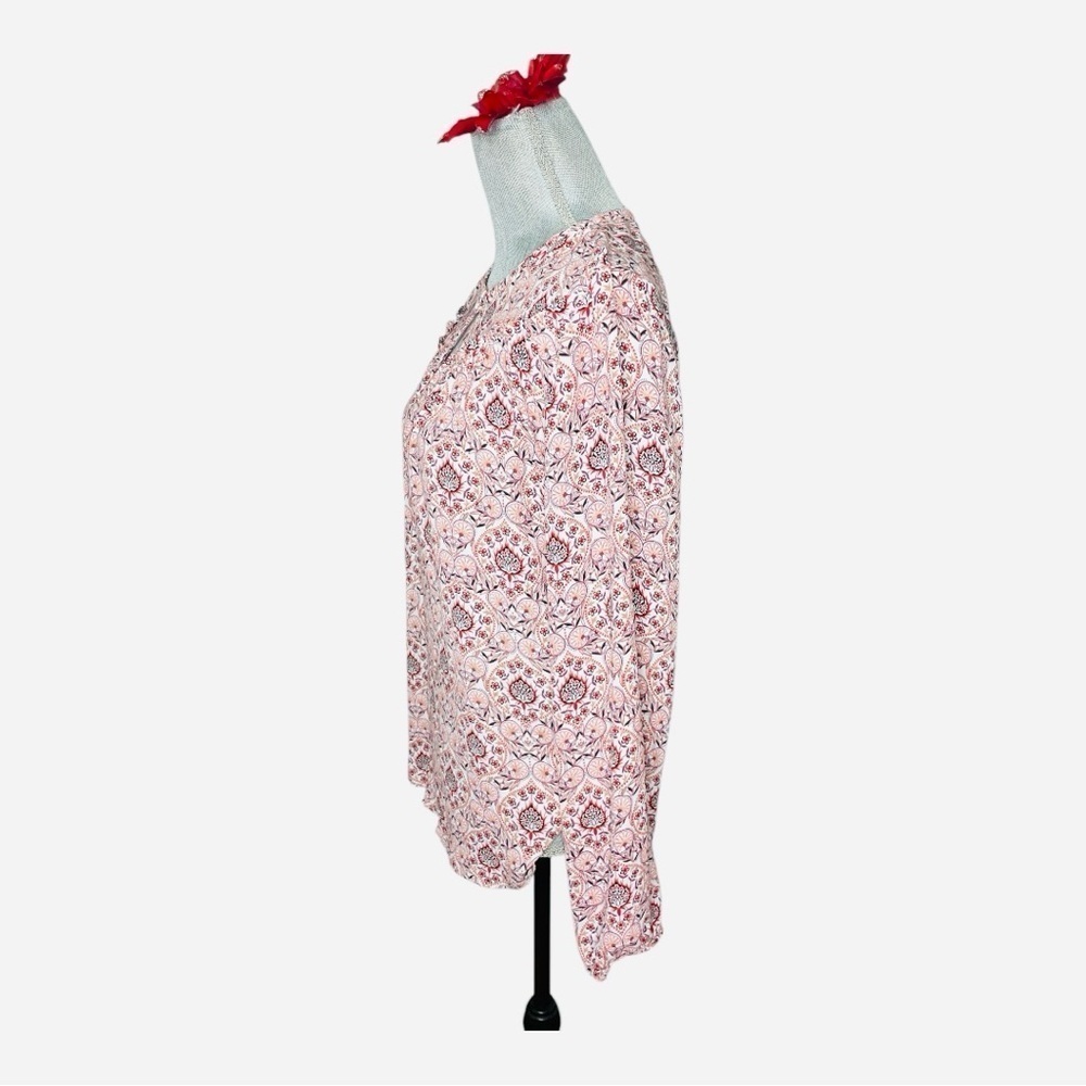 LOFT Large Red Pink Floral Blouse Keyhole Neck Long Sleeve Lightweight Top - Picture 3 of 13